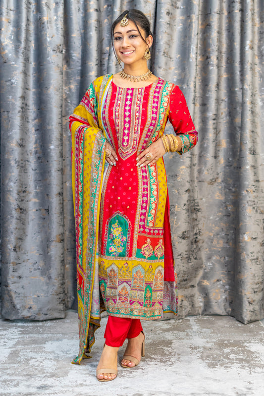 Colourful Printed Chinon Silk Punjabi Set