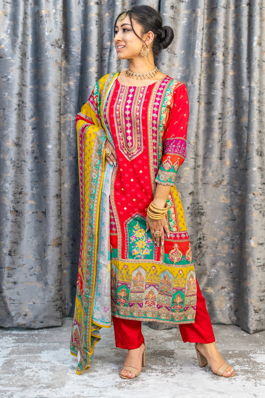Colourful Printed Chinon Silk Punjabi Set