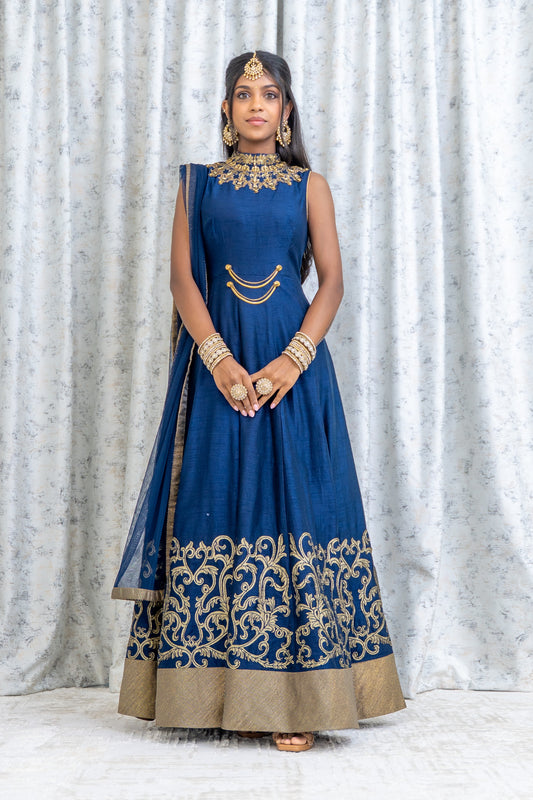 Navy Blue Raw Silk Punjabi Set with Swarovski Stone Work
