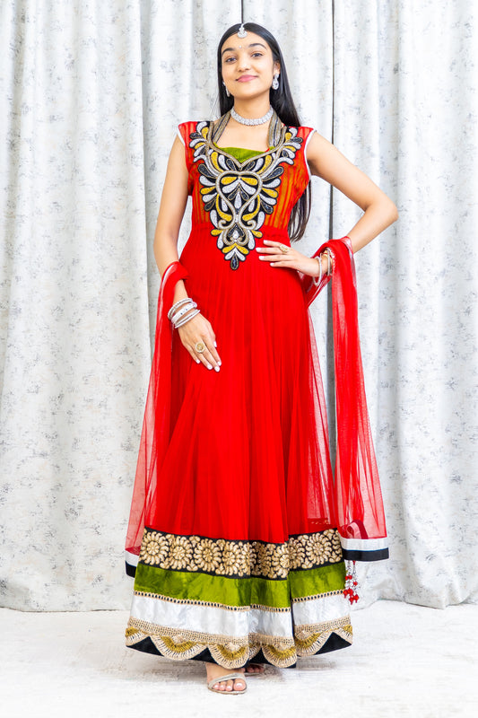Red Net Punjabi Set With Swarovski Stone Work