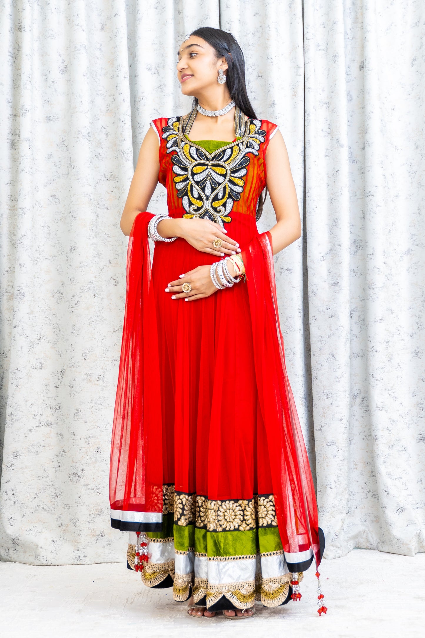 Red Net Punjabi Set With Swarovski Stone Work