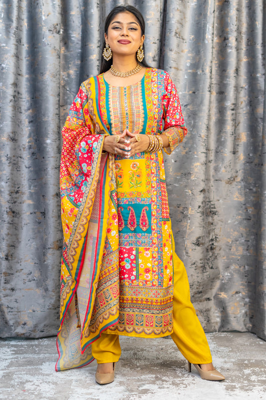 Colourful Printed Chinon Silk Punjabi Set