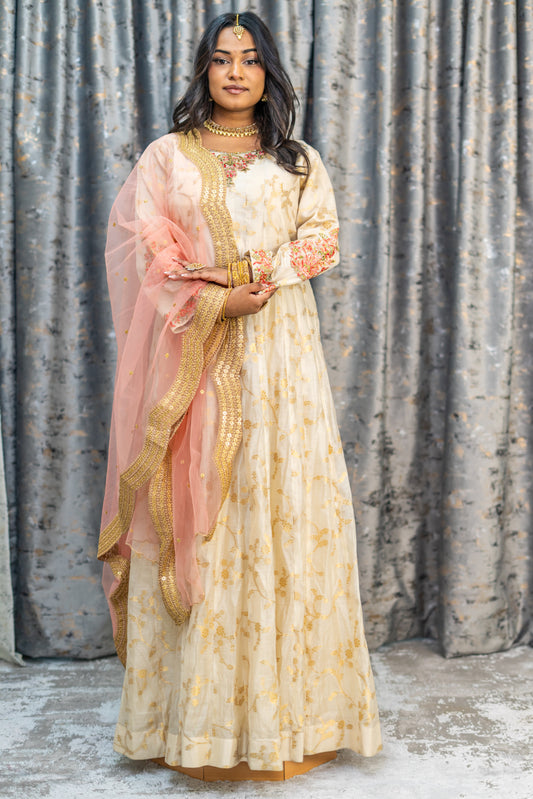 Cream Brocade Punjabi Set with Embroidery and Swarovski Work