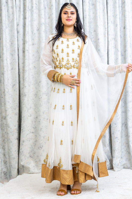 White Net Punjabi Set with Swarovski Stone Work