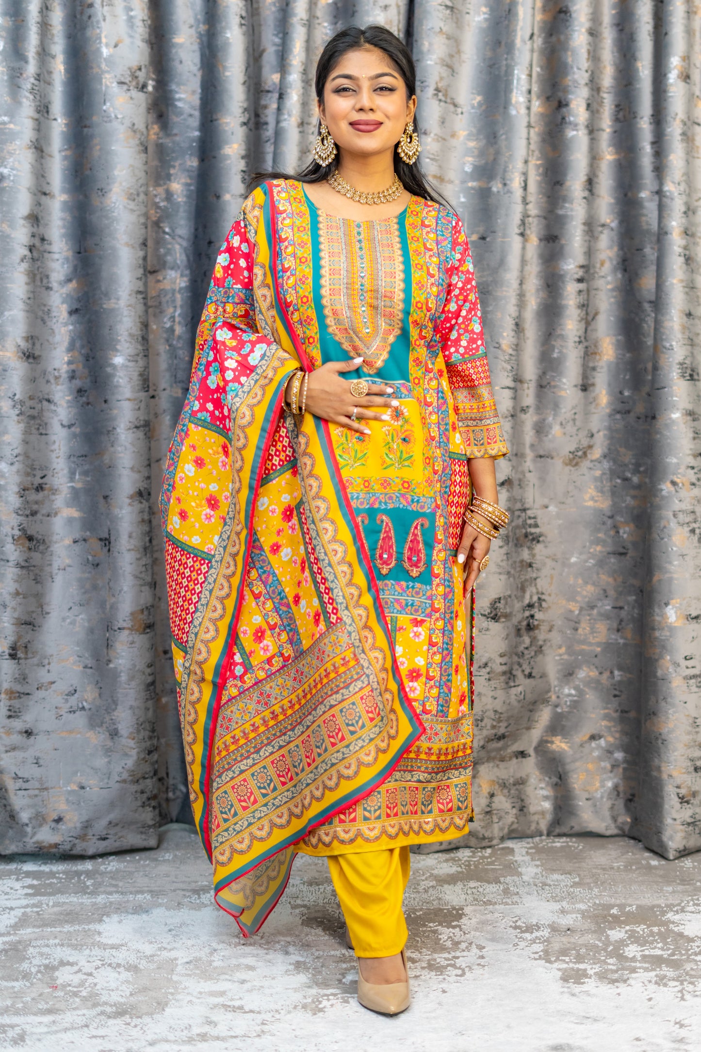 Colourful Printed Chinon Silk Punjabi Set
