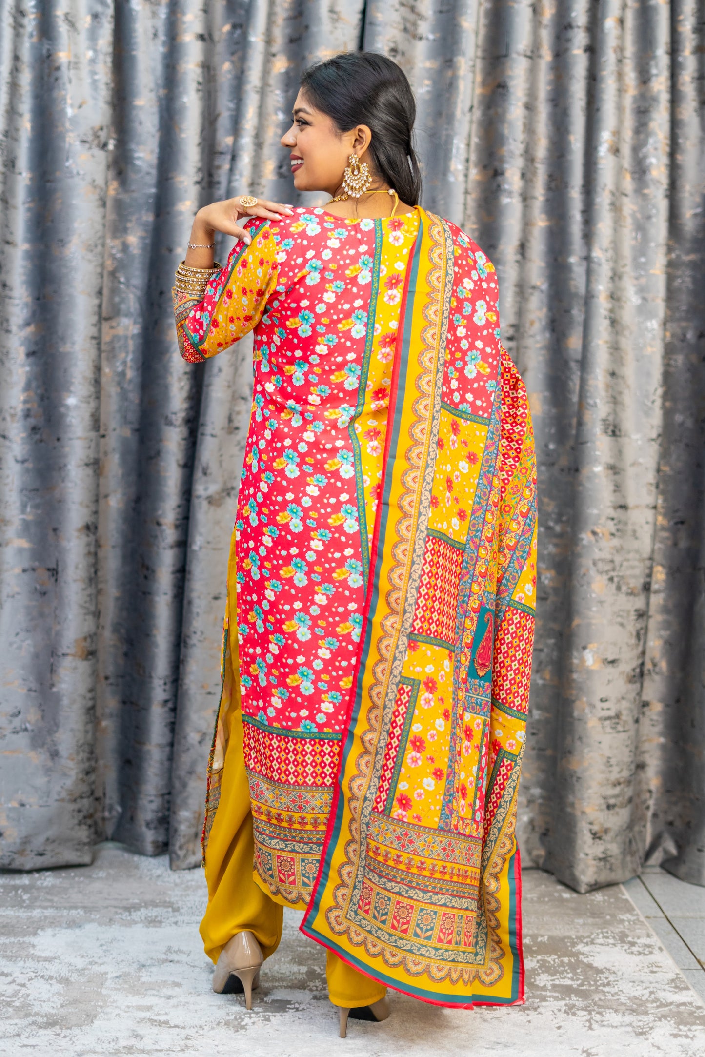 Colourful Printed Chinon Silk Punjabi Set