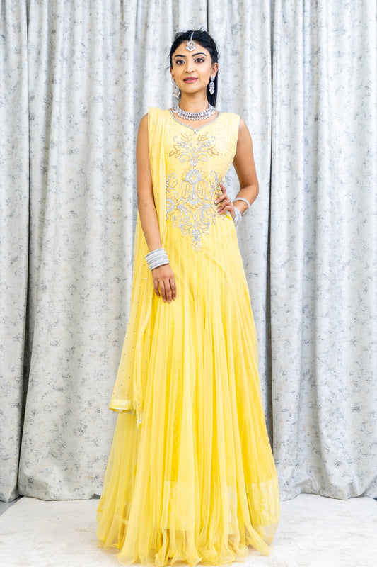 Yellow Net Punjabi Set with Swarovski Stone Work