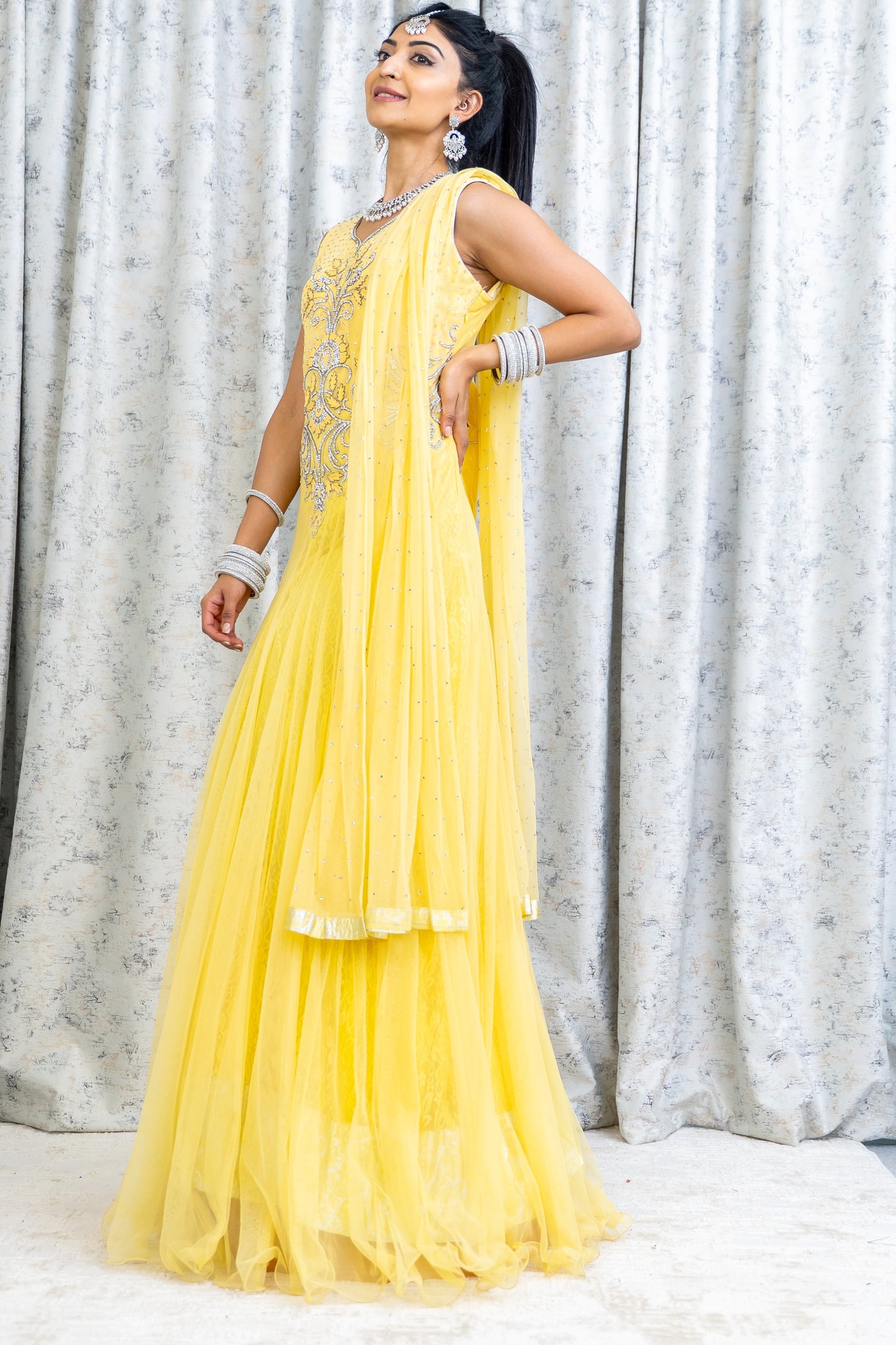 Yellow Net Punjabi Set with Swarovski Stone Work