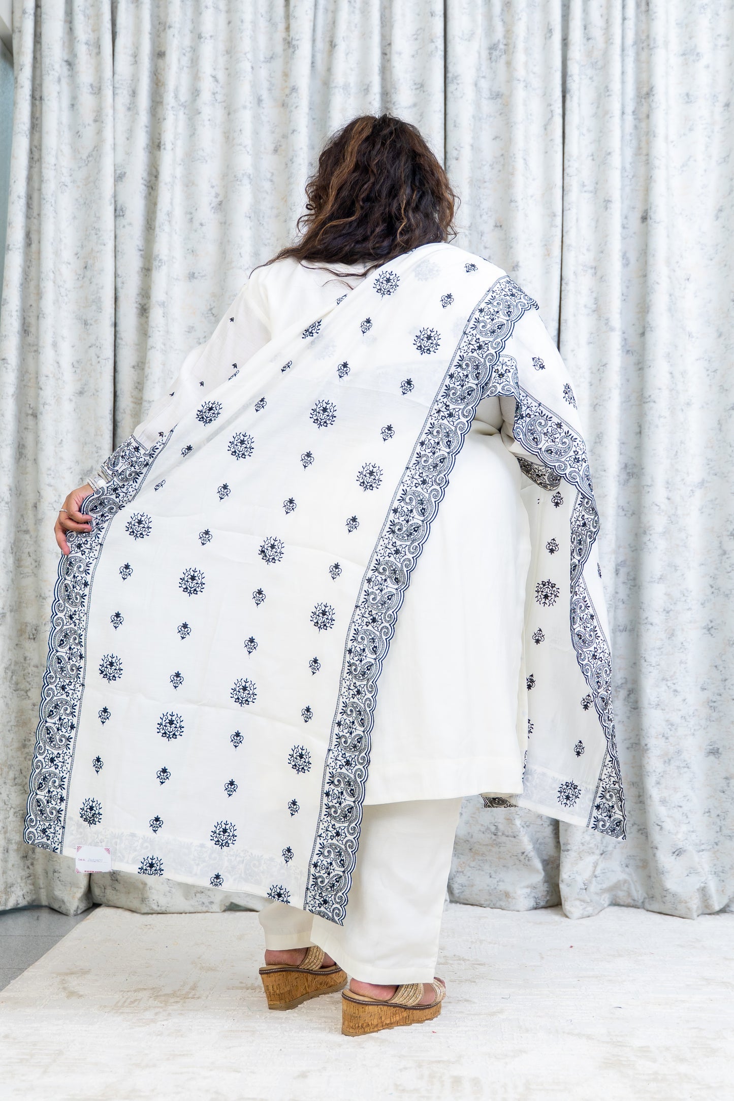 White Cotton Punjabi Set with Black Embroidery