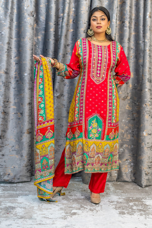 Red Colourful Chinon Silk Printed Punjabi Set