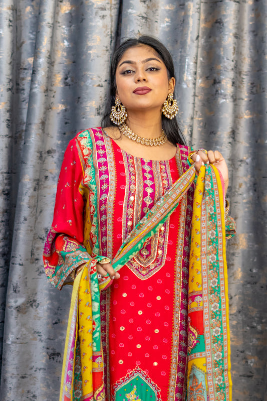 Red Colourful Chinon Silk Printed Punjabi Set