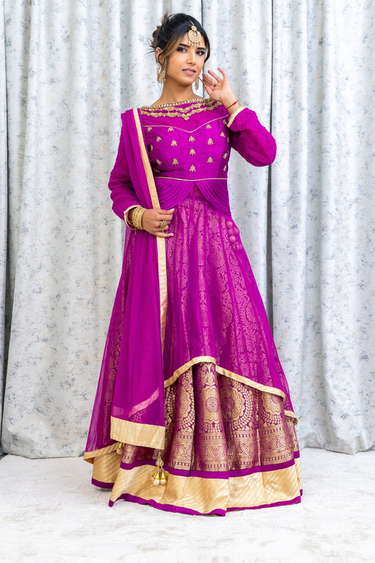 Purple Net Lehenga Choli with Brocade & Swarovski Stone Work