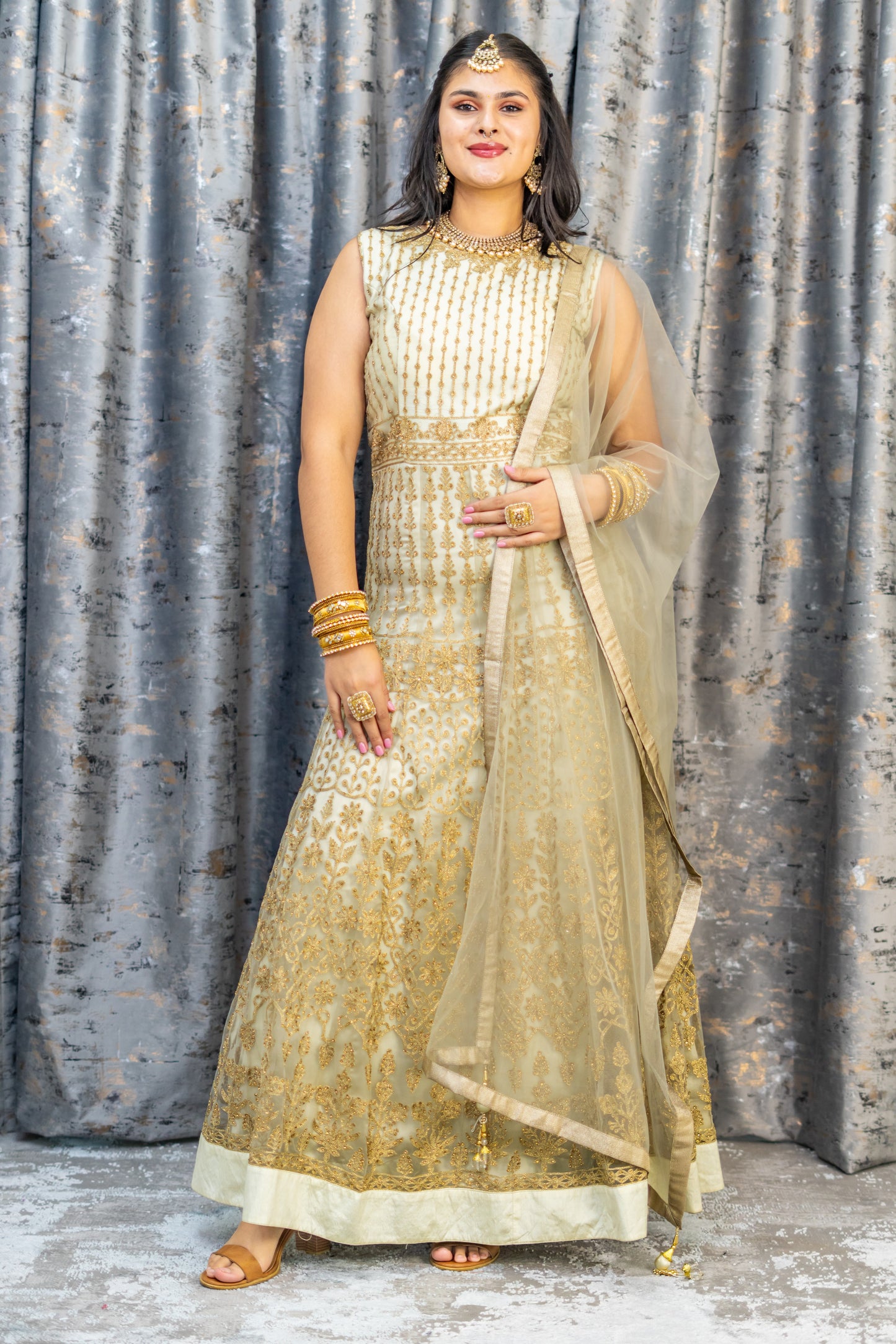 Cream Net Punjabi Set with Gold Embroidery