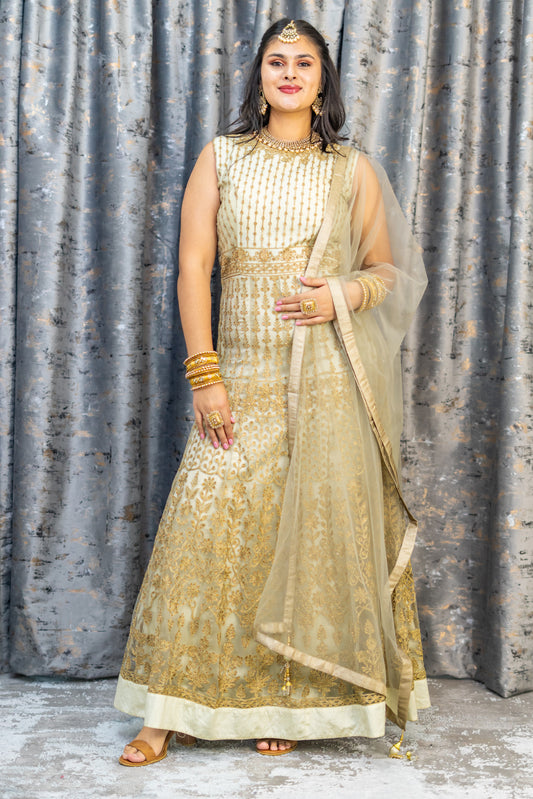 Cream Net Punjabi Set with Gold Embroidery