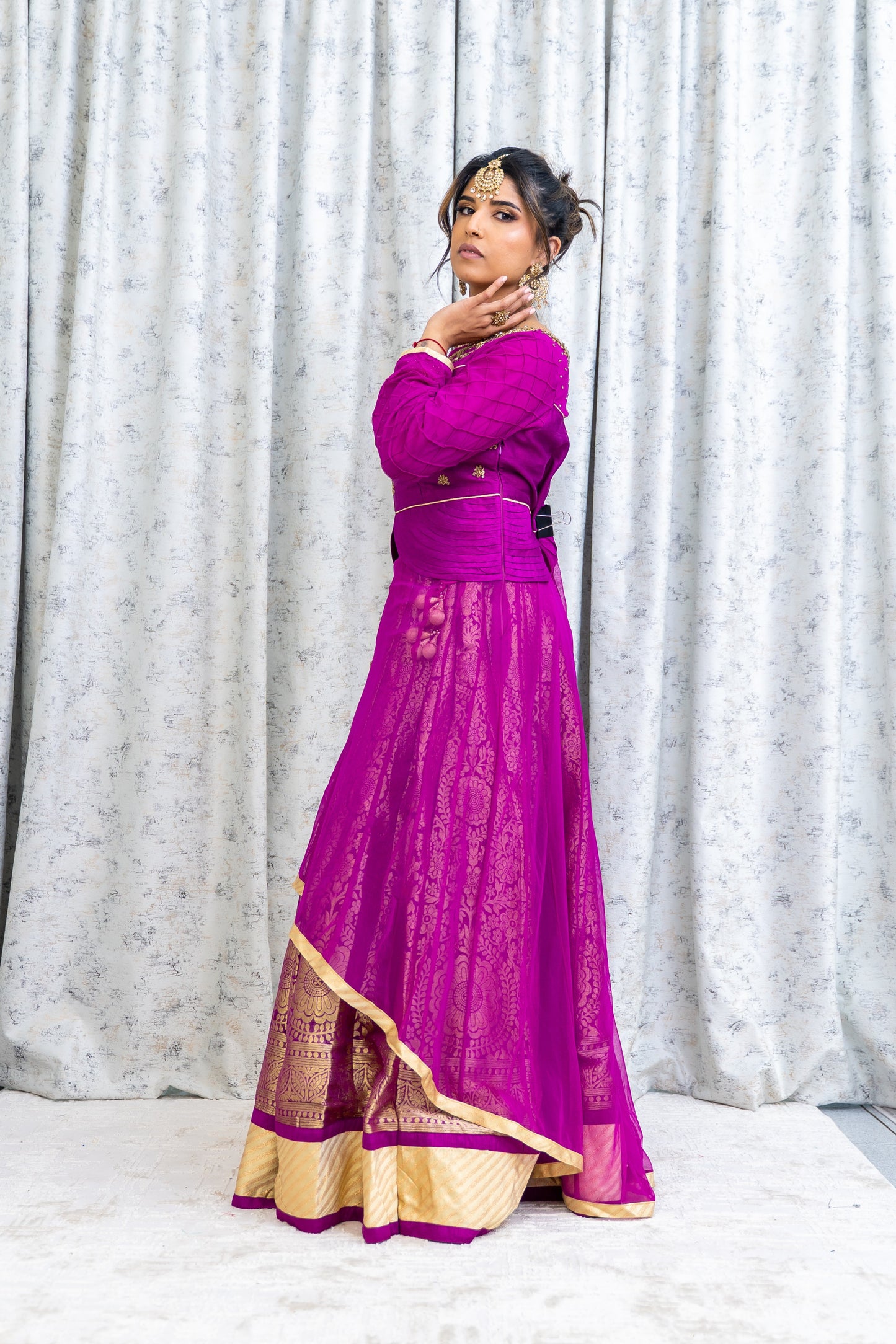 Purple Net Lehenga Choli with Brocade & Swarovski Stone Work