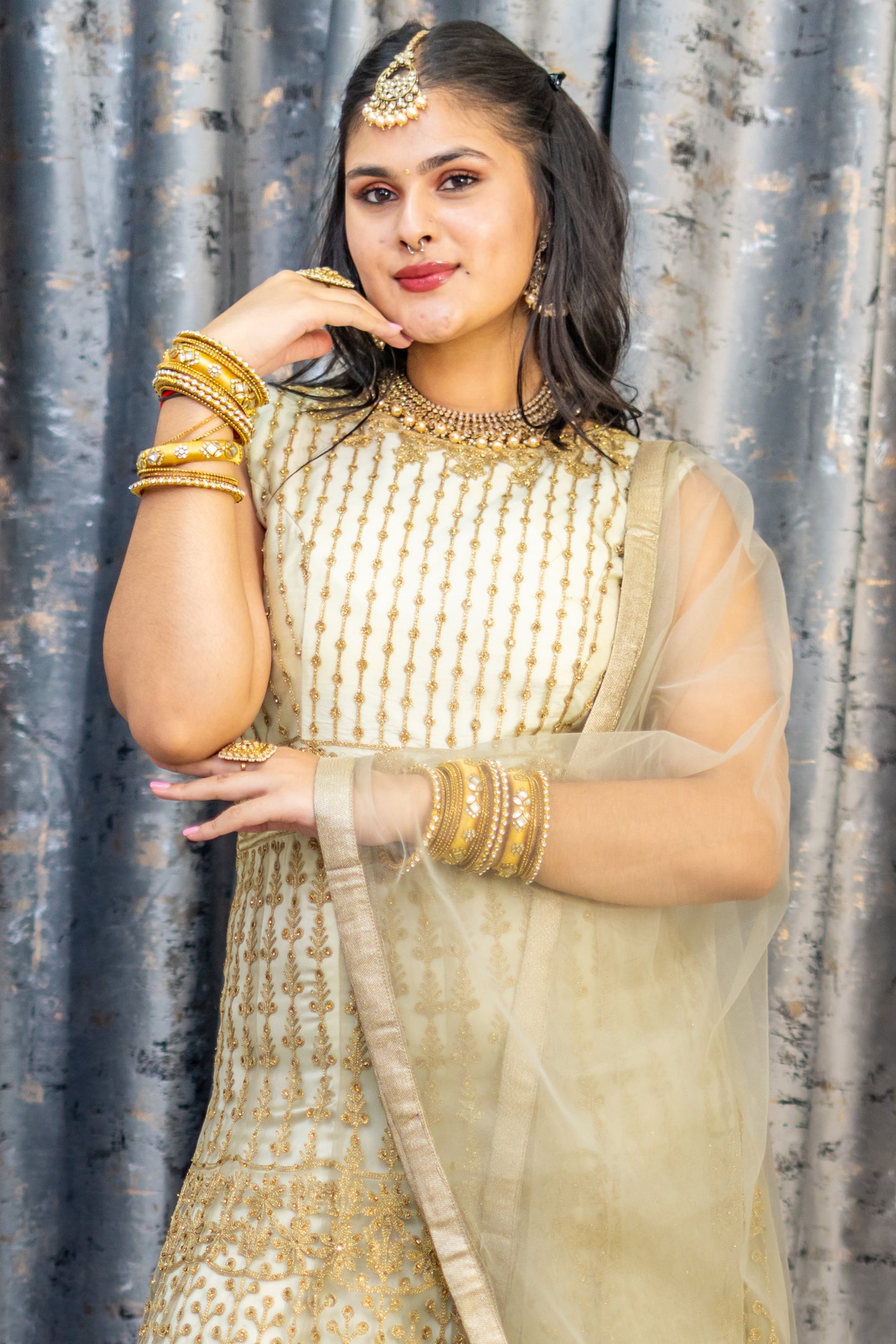 Cream Net Punjabi Set with Gold Embroidery