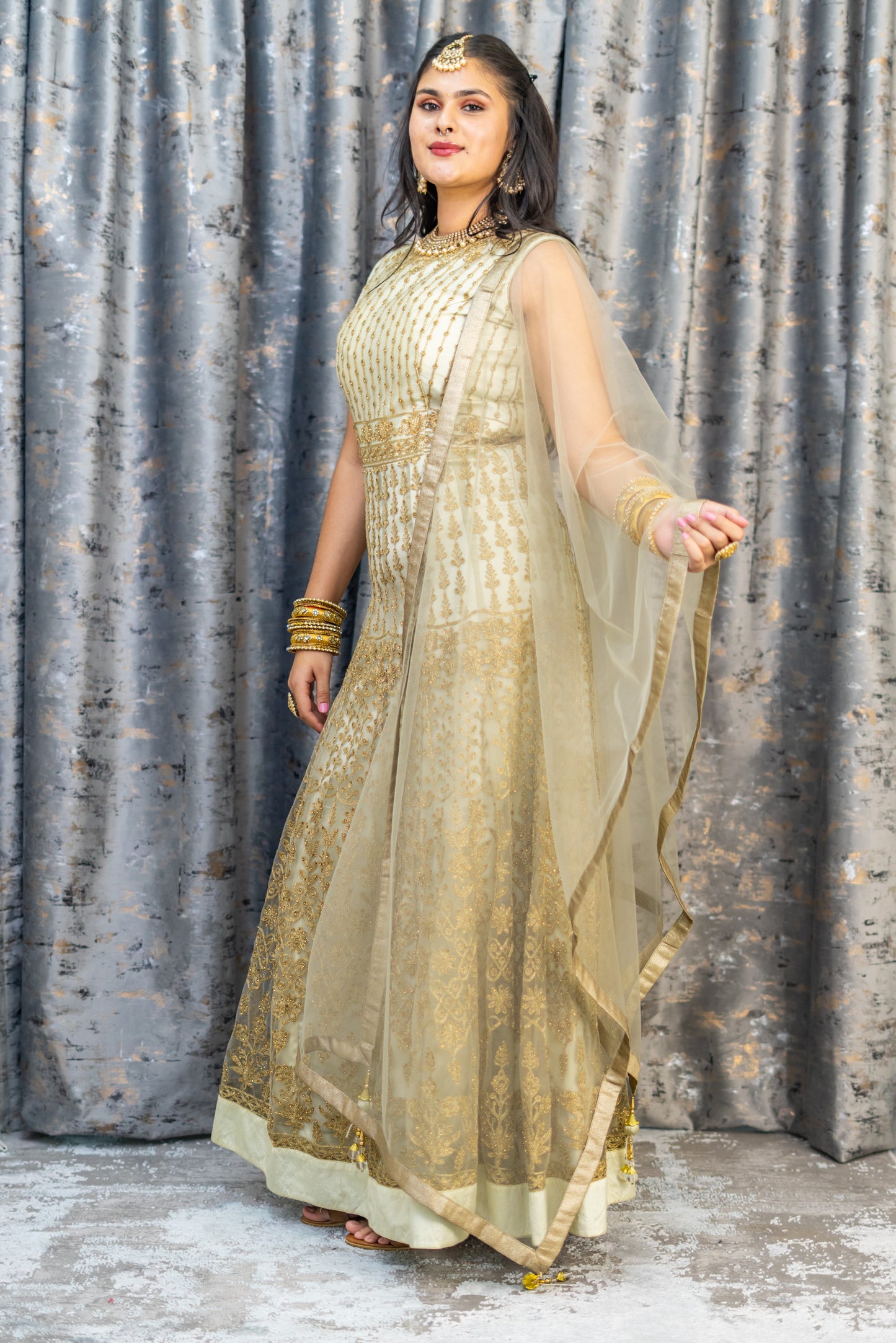 Cream Net Punjabi Set with Gold Embroidery