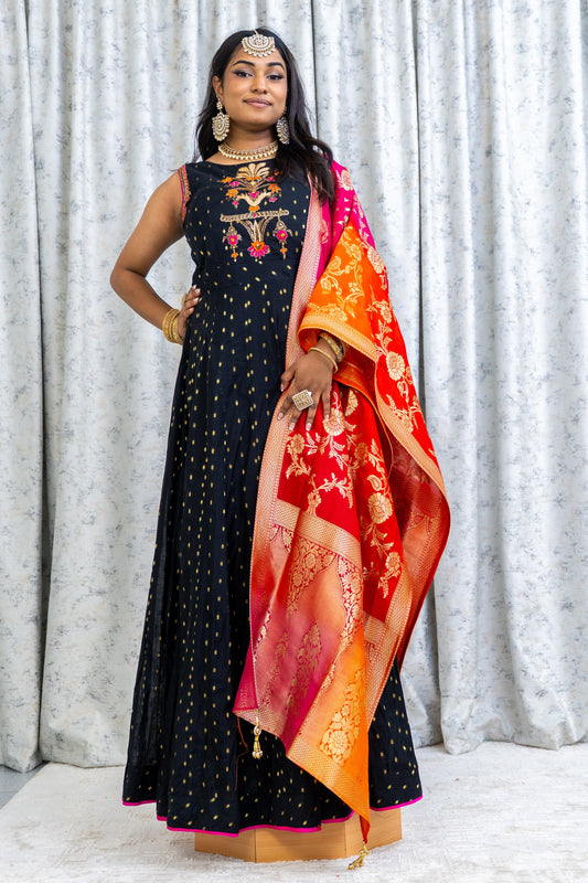 Black Soft Brocade Punjabi With Contrast Dupatta