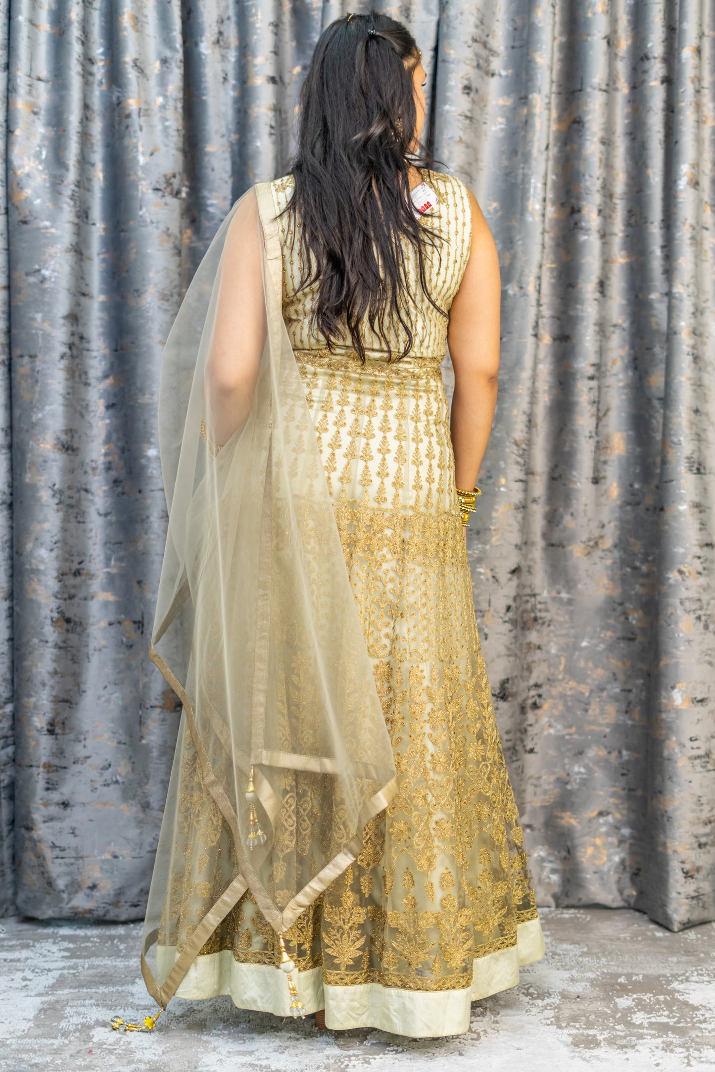 Cream Net Punjabi Set with Gold Embroidery