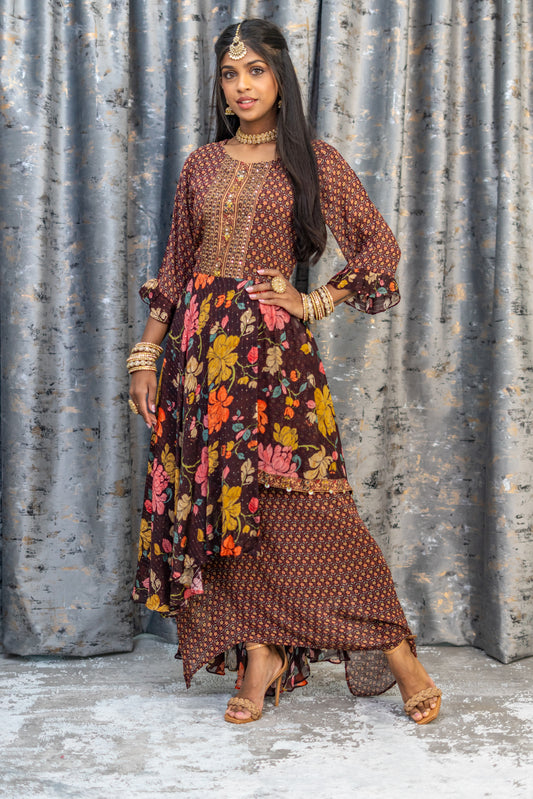 Brown Printer Crepe Kurti Top
