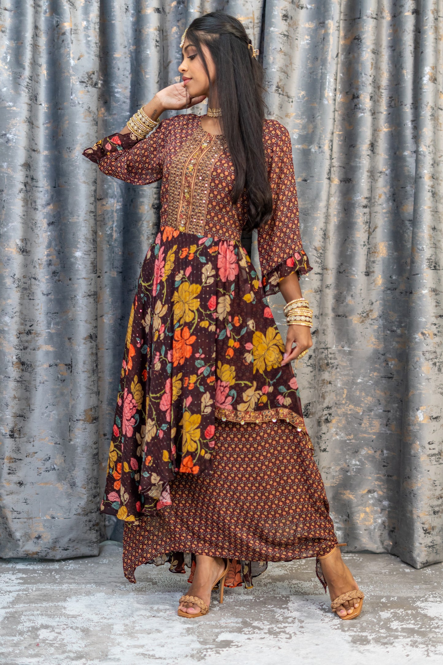 Brown Printer Crepe Kurti Top