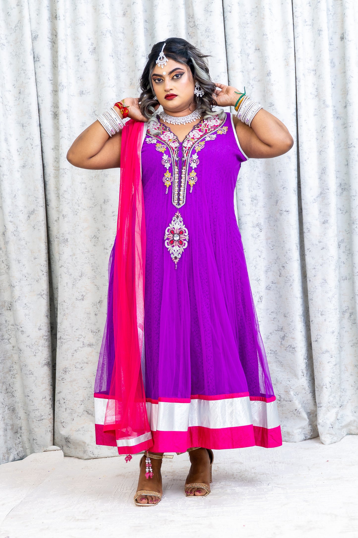 Purple Net Punjabi Set with Swarovski Stone Work