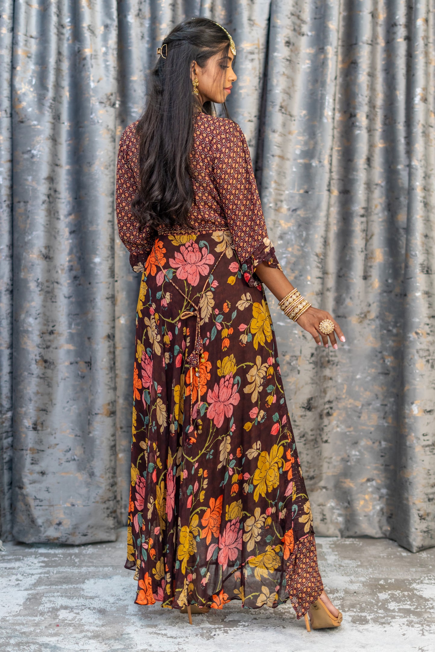 Brown Printer Crepe Kurti Top