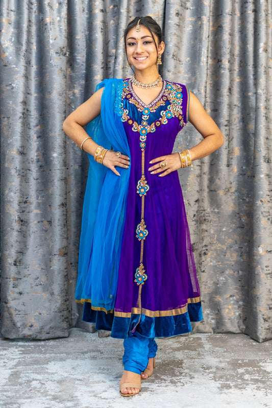 Purple Net Punjabi Set with Swarivski Stone Work