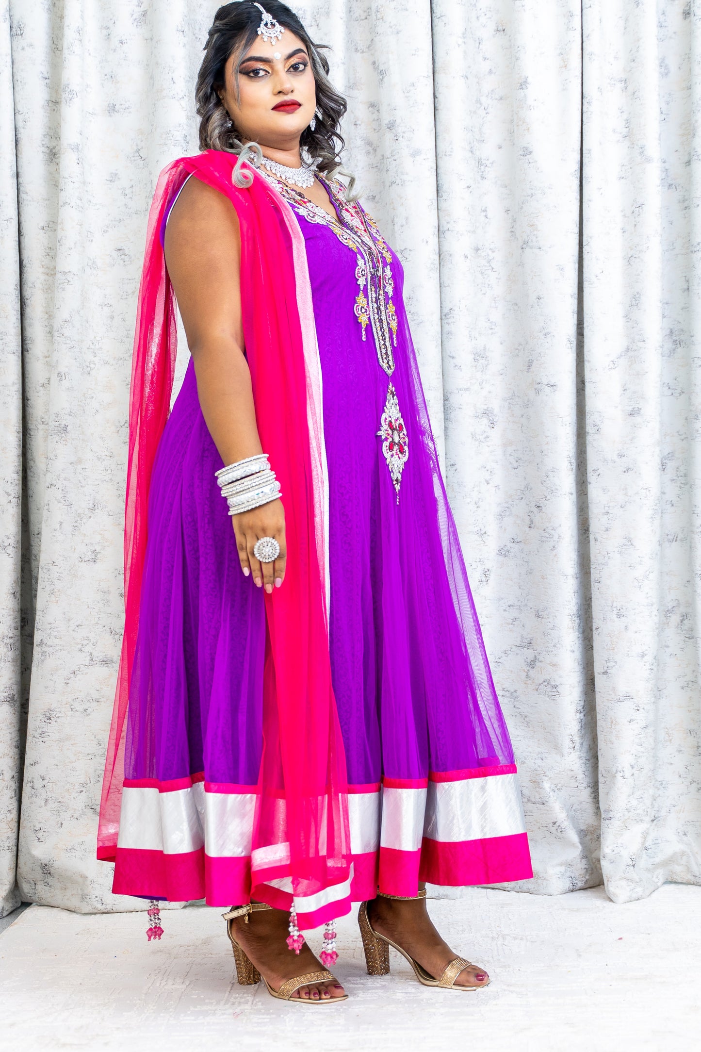 Purple Net Punjabi Set with Swarovski Stone Work