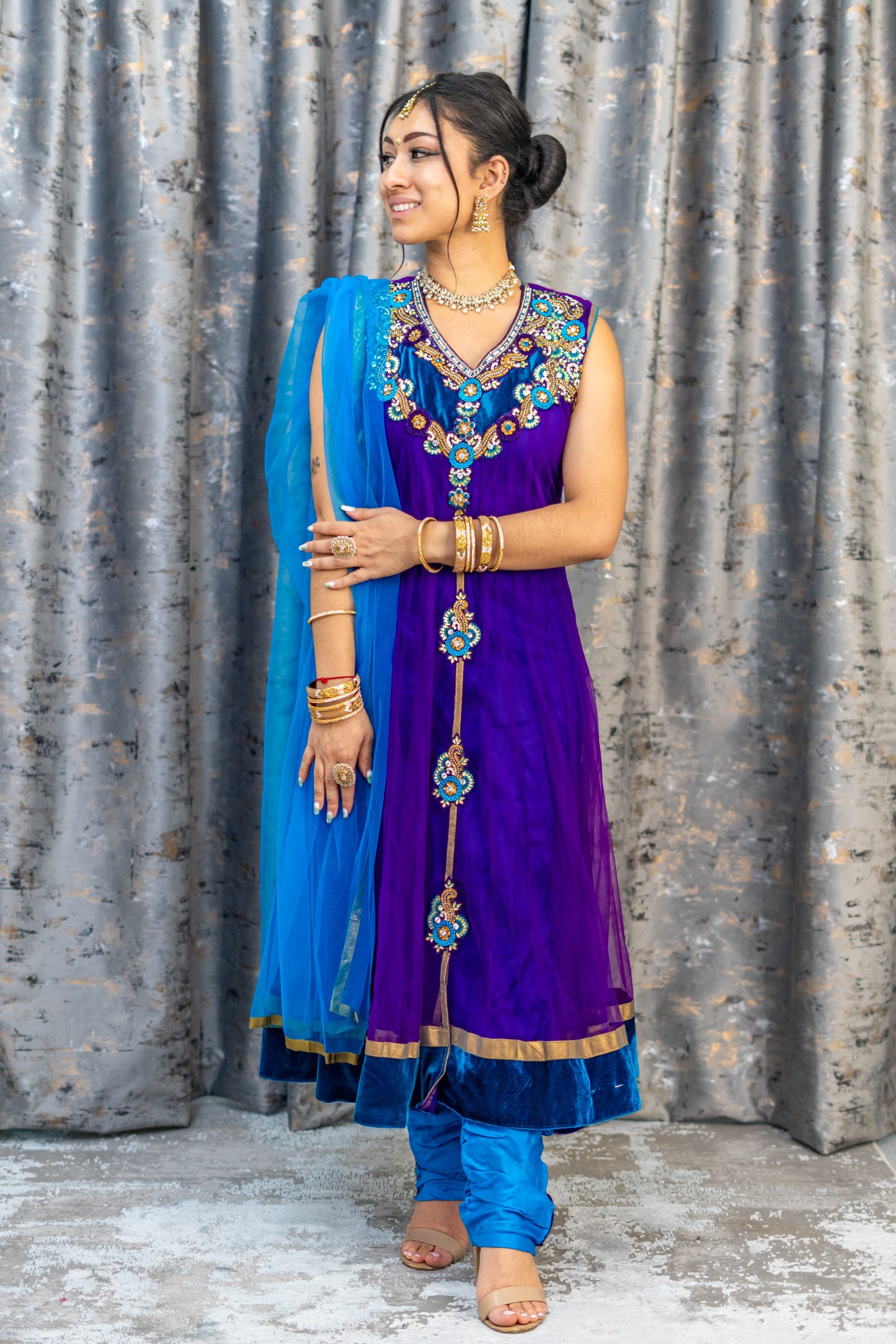 Purple Net Punjabi Set with Swarivski Stone Work