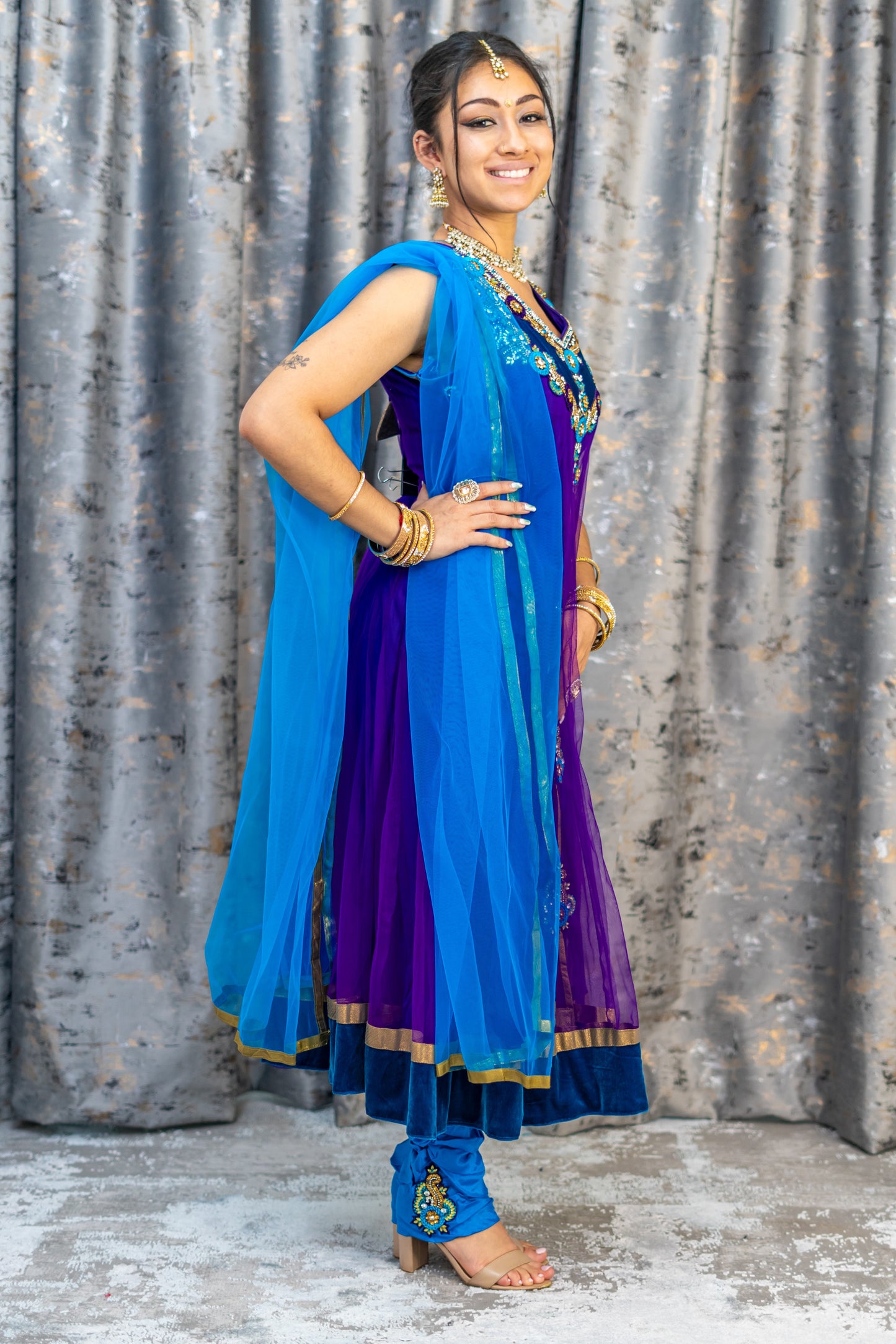 Purple Net Punjabi Set with Swarivski Stone Work