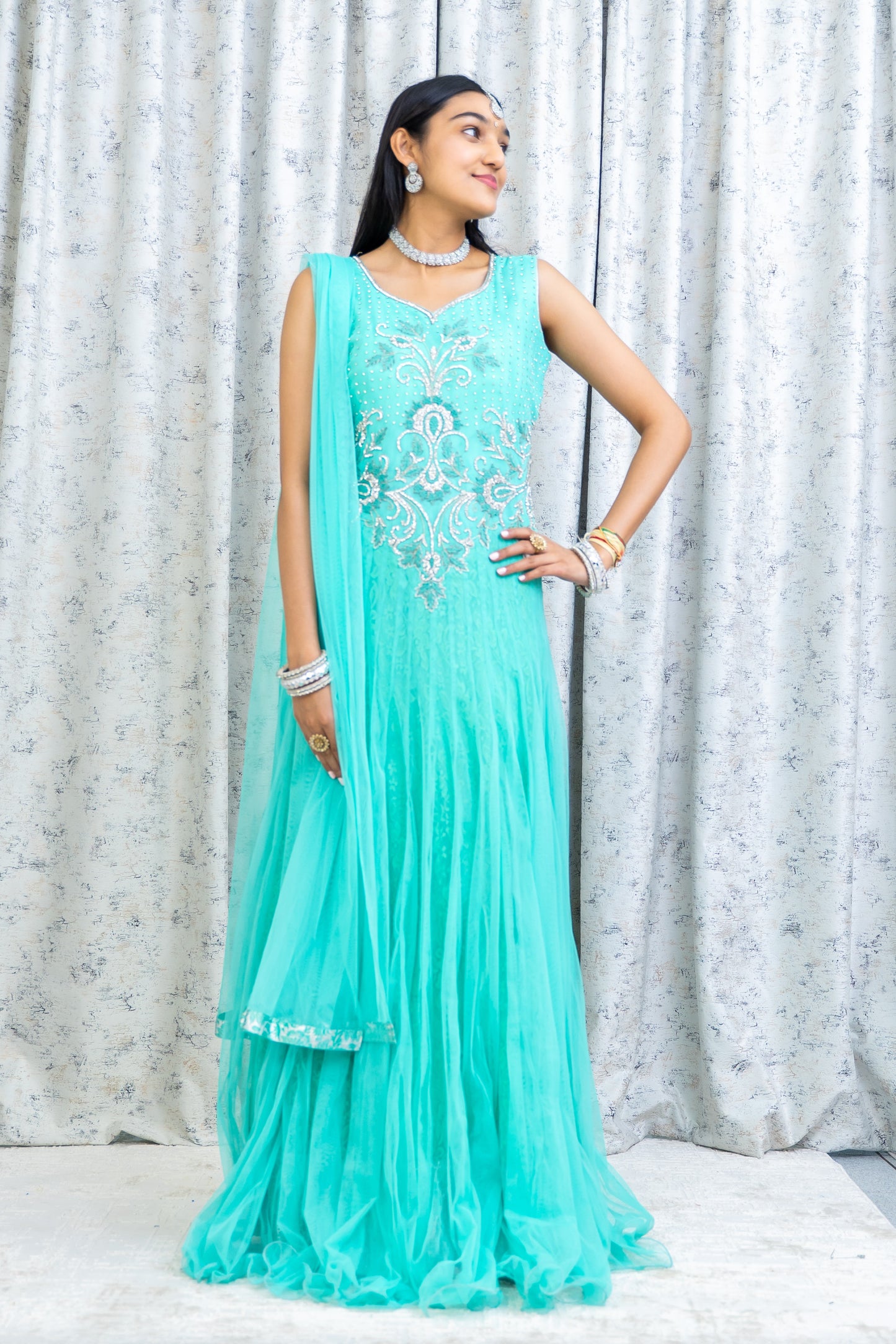 Light Blue Net Punjabi Set with Swarovski Stone Work