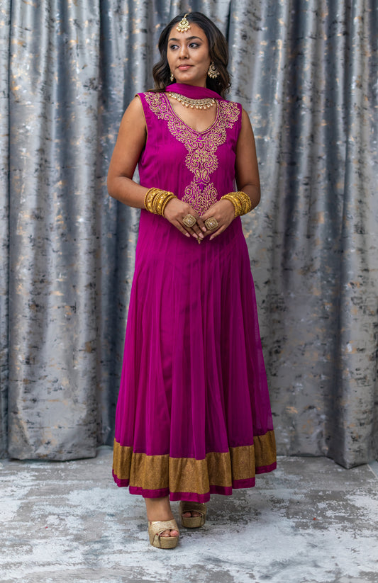 Purple Net Punjabi Set with Swarovski Stone Work