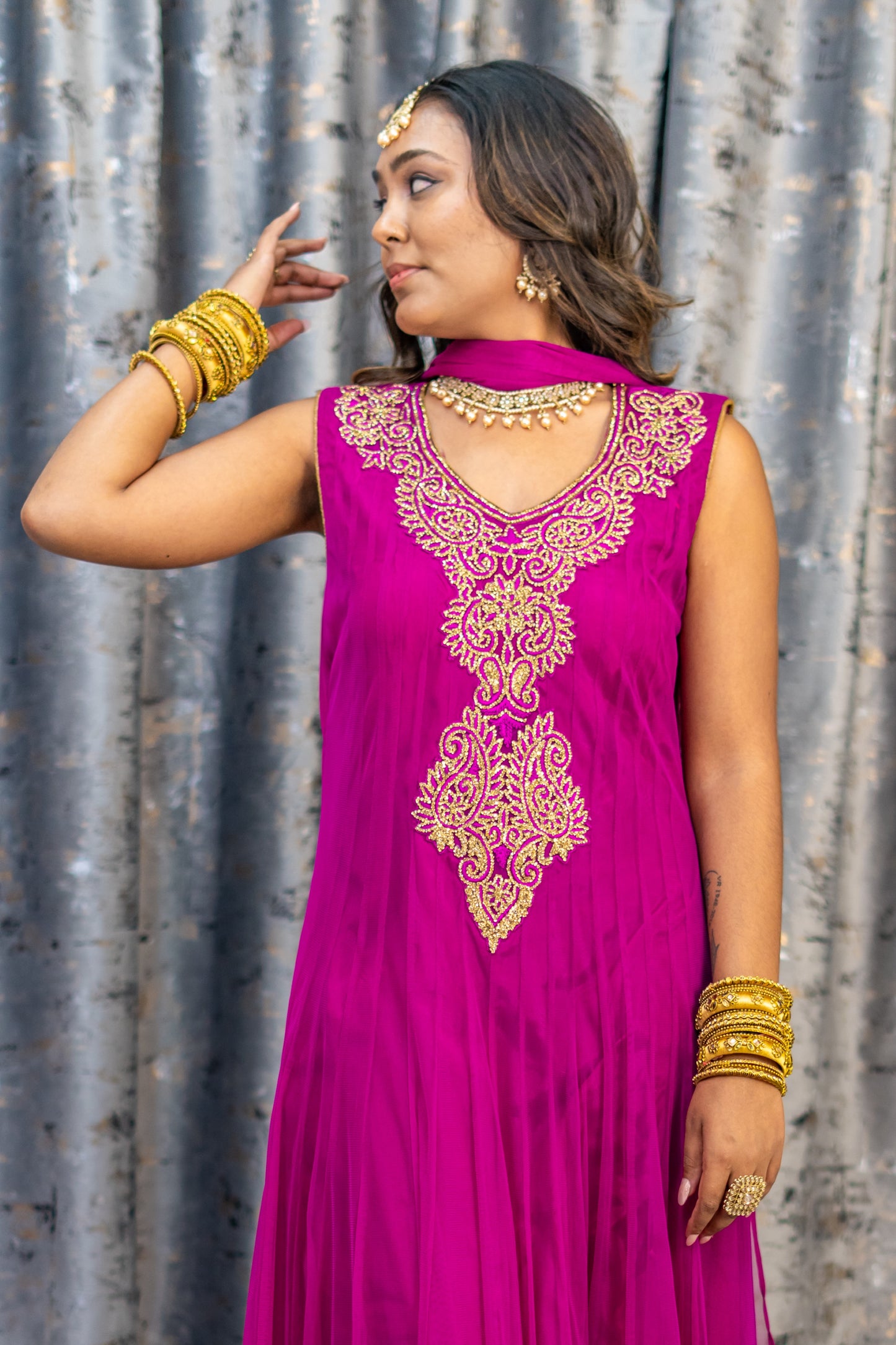 Purple Net Punjabi Set with Swarovski Stone Work