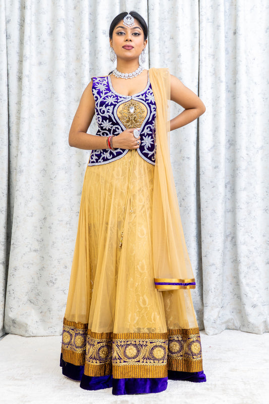 Gold Net Punjabi Set with Silver Swarovski Stone Work