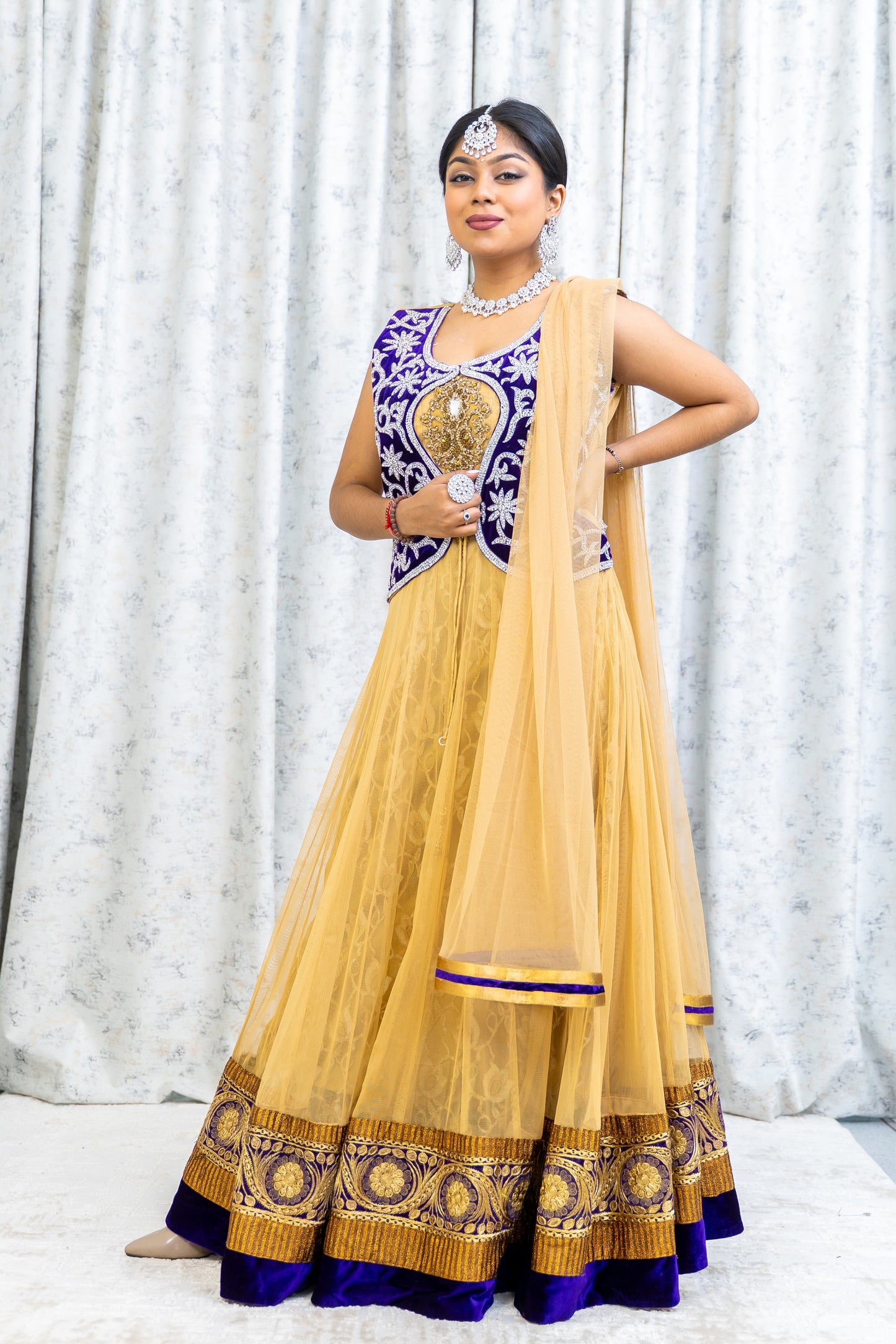 Gold Net Punjabi Set with Silver Swarovski Stone Work