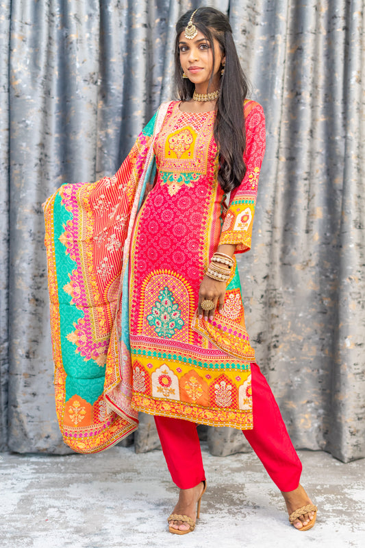 Coral Colourful Printed Chinon Silk Punjabi Set