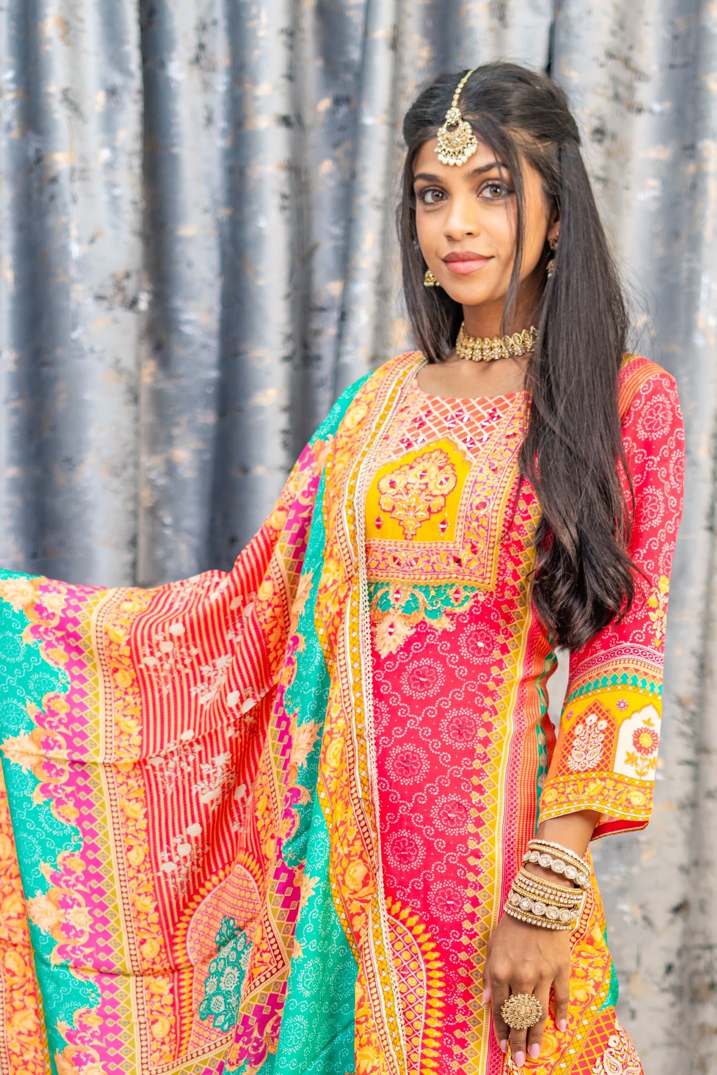 Coral Colourful Printed Chinon Silk Punjabi Set
