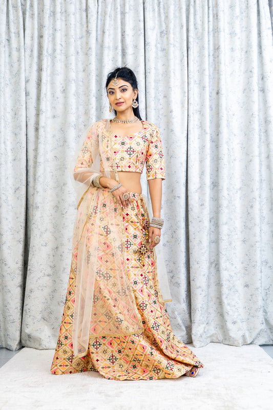 Peach Colorful Cotton Lehenga Choli with Embroidery Work