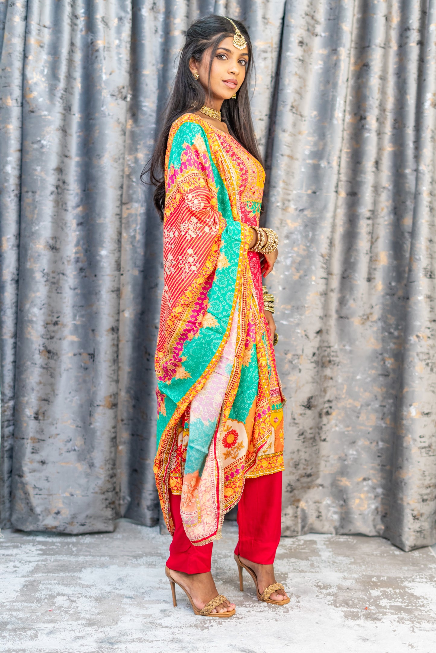 Coral Colourful Printed Chinon Silk Punjabi Set