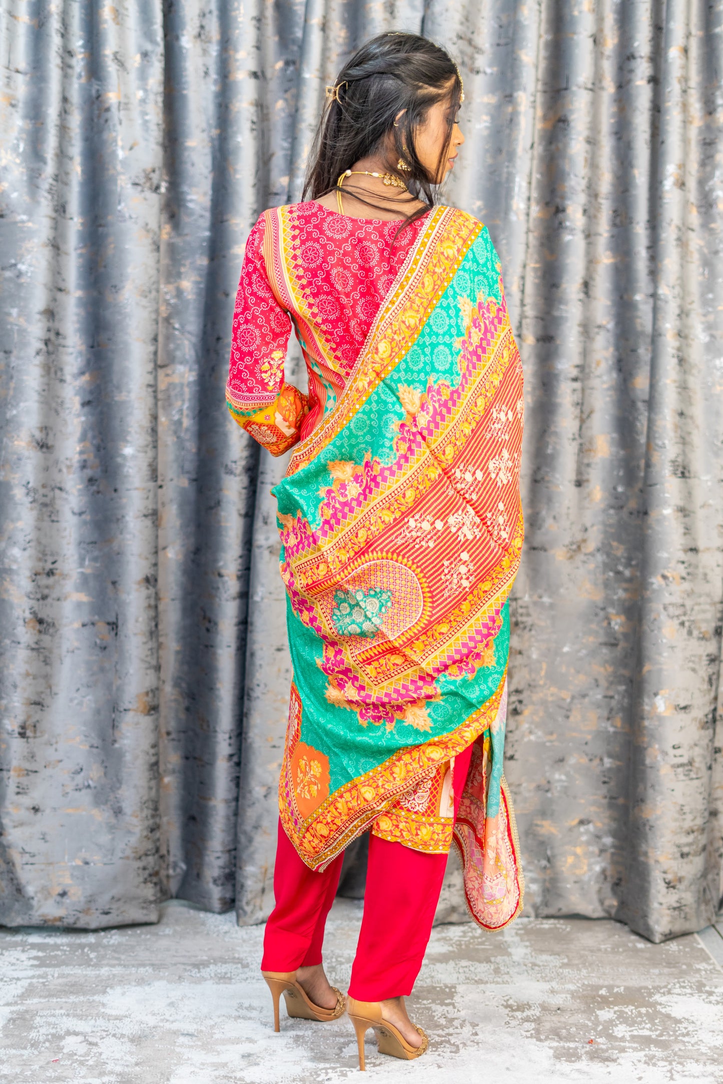 Coral Colourful Printed Chinon Silk Punjabi Set