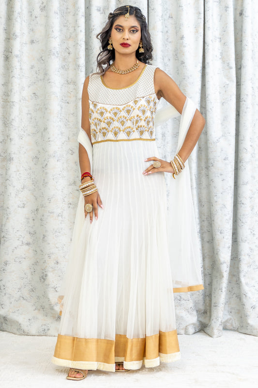 White Net Punjabi Set with Gold & Silver Swarovski Work