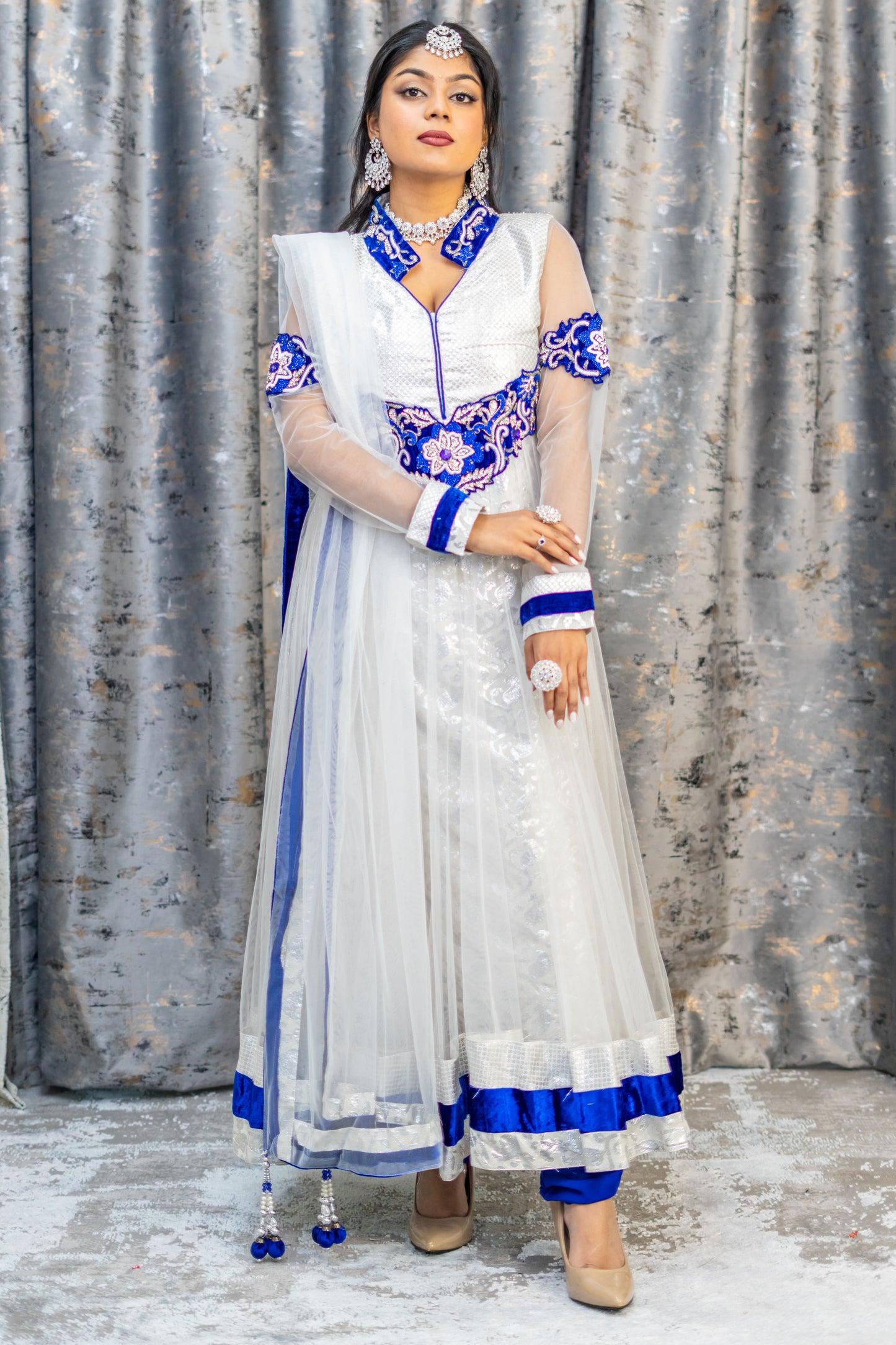 White Net Punjabi set with Blue Velvet