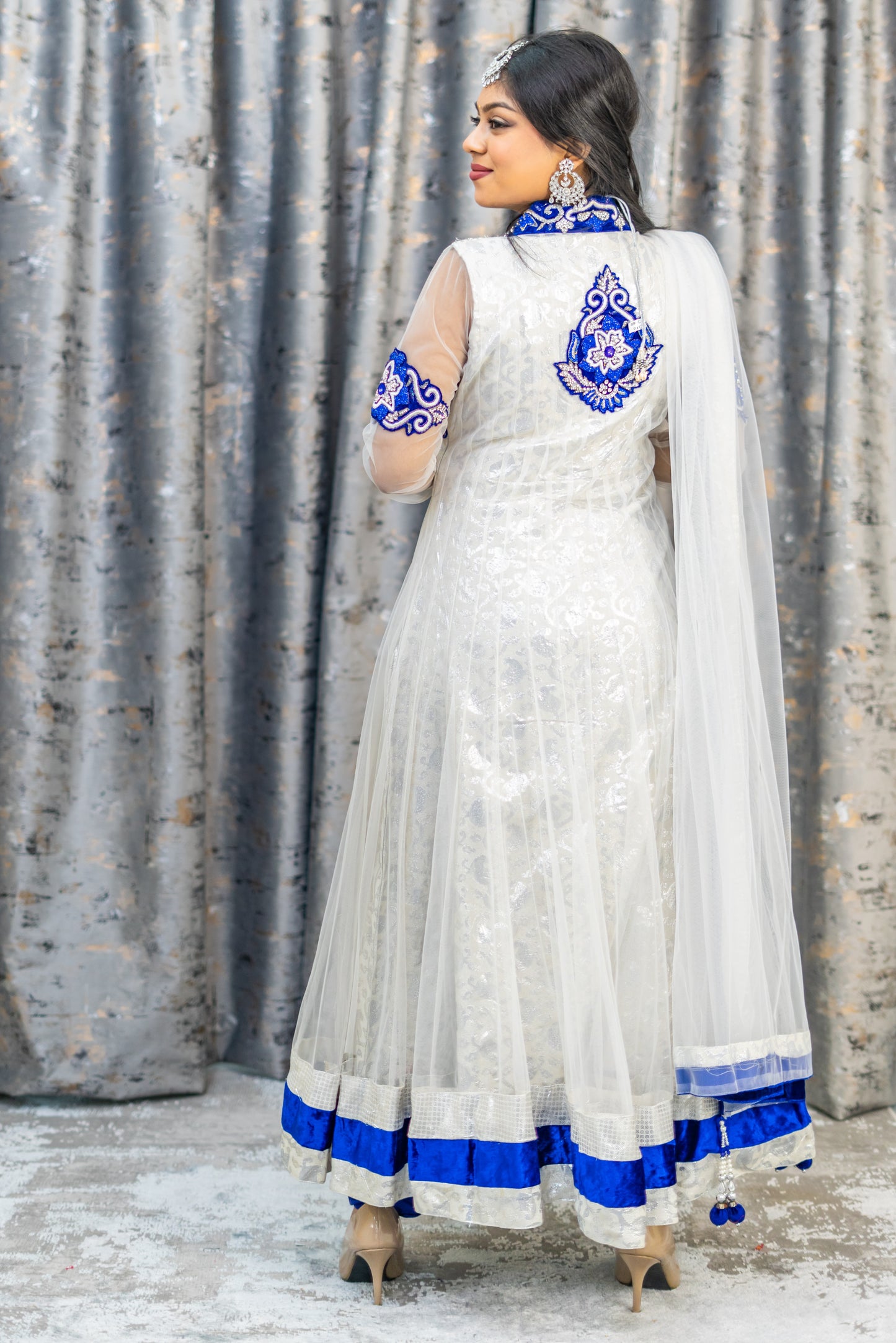 White Net Punjabi set with Blue Velvet