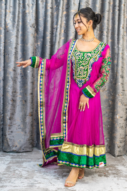 Rani Pink Punjabi Set with Green Velvet & Swarovski Stone Work