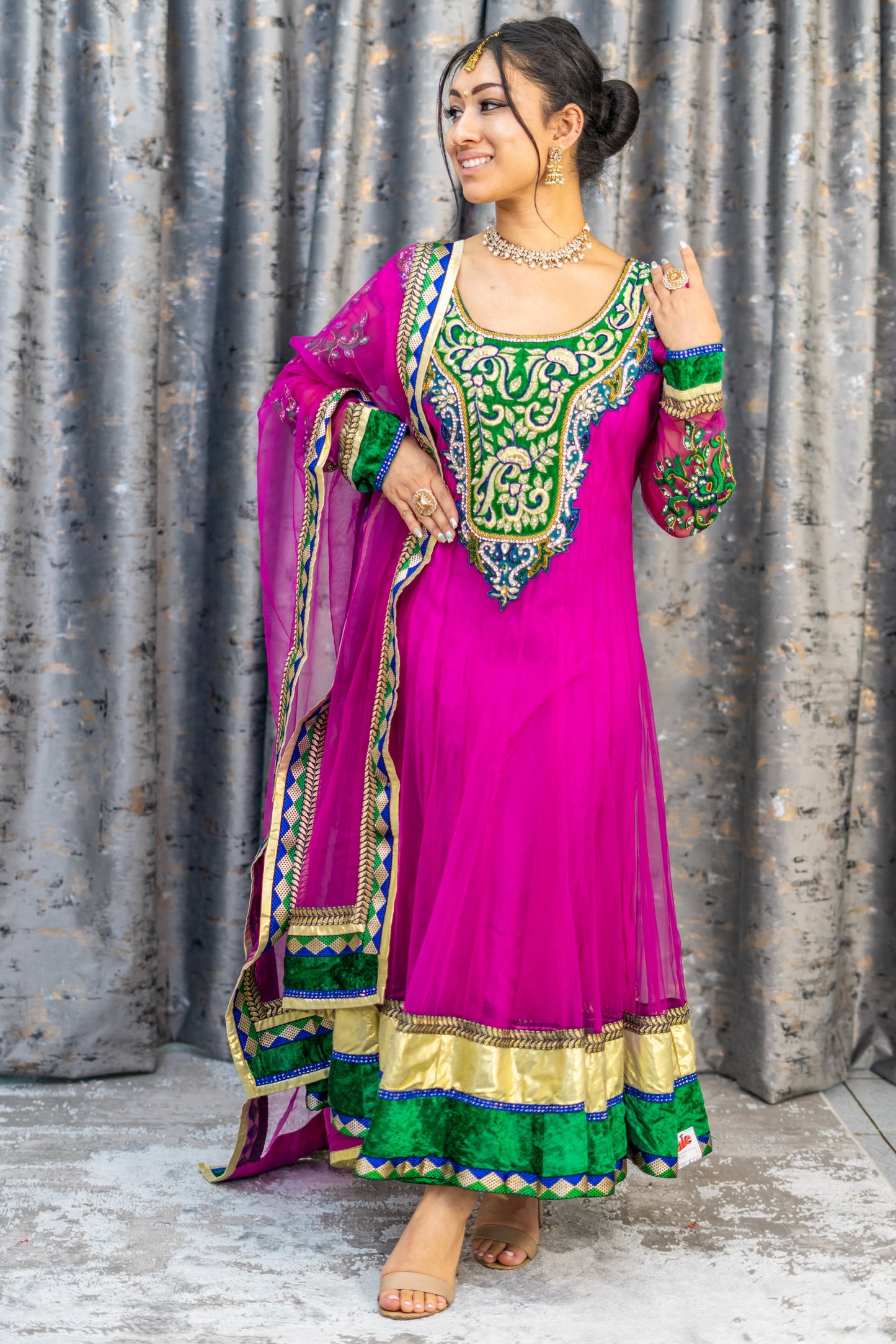 Rani Pink Punjabi Set with Green Velvet & Swarovski Stone Work