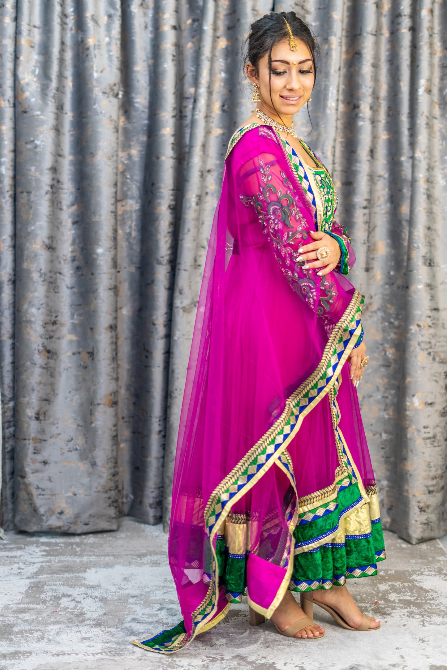 Rani Pink Punjabi Set with Green Velvet & Swarovski Stone Work