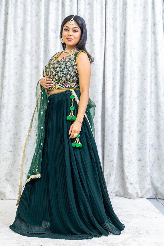 Emerald Green Chiffon Crimped Lehenga Choli with Embroidery and Swarovski Stone Work