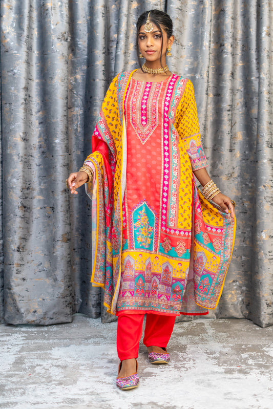 Peach Colourful Chinon Silk Punjabi Set