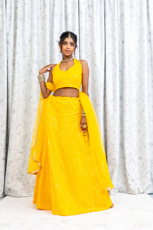 Yellow Cotton Lehenga Choli with Embroidery Work